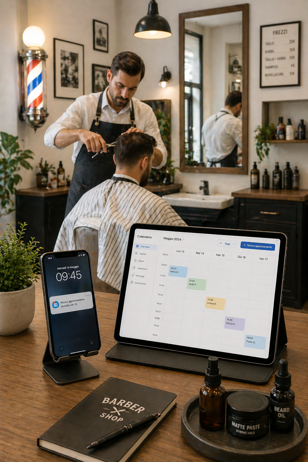 Postazione barber shop con calendario di prenotazioni gestito da supportAI
